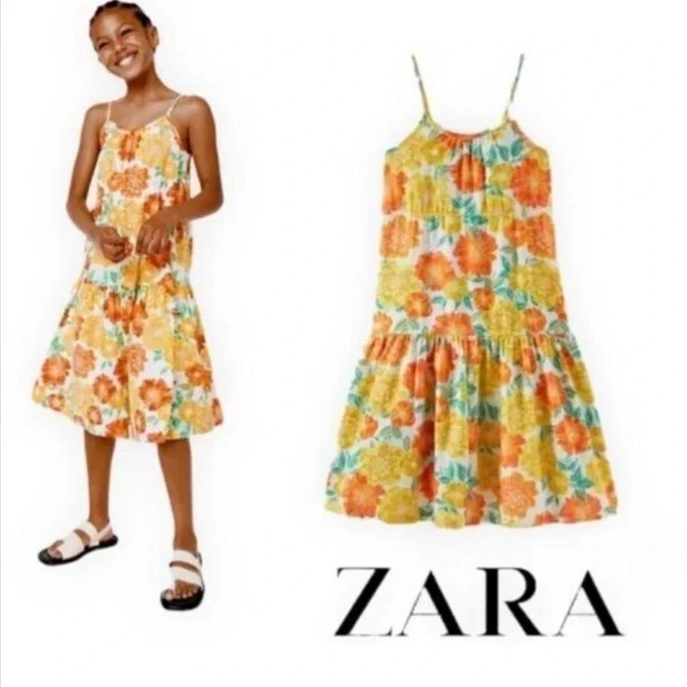 Zara Kids Girls Floral Dress Dress in Orange and Yellow